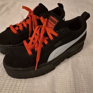 Puma X Dua Lipa MAYZE Suede  Black Platform Sneakers With Red Laces.